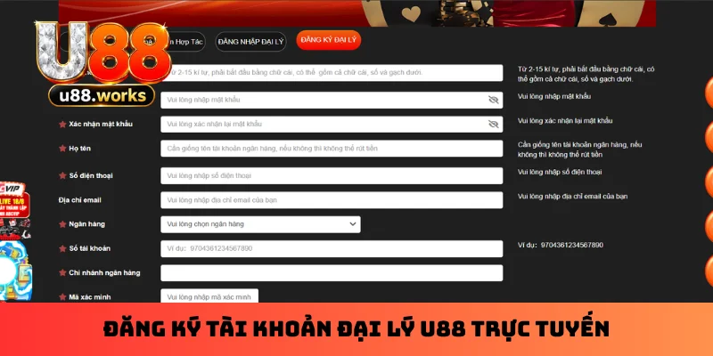 Đăng ký tài khoản đại lý U88 trực tuyến